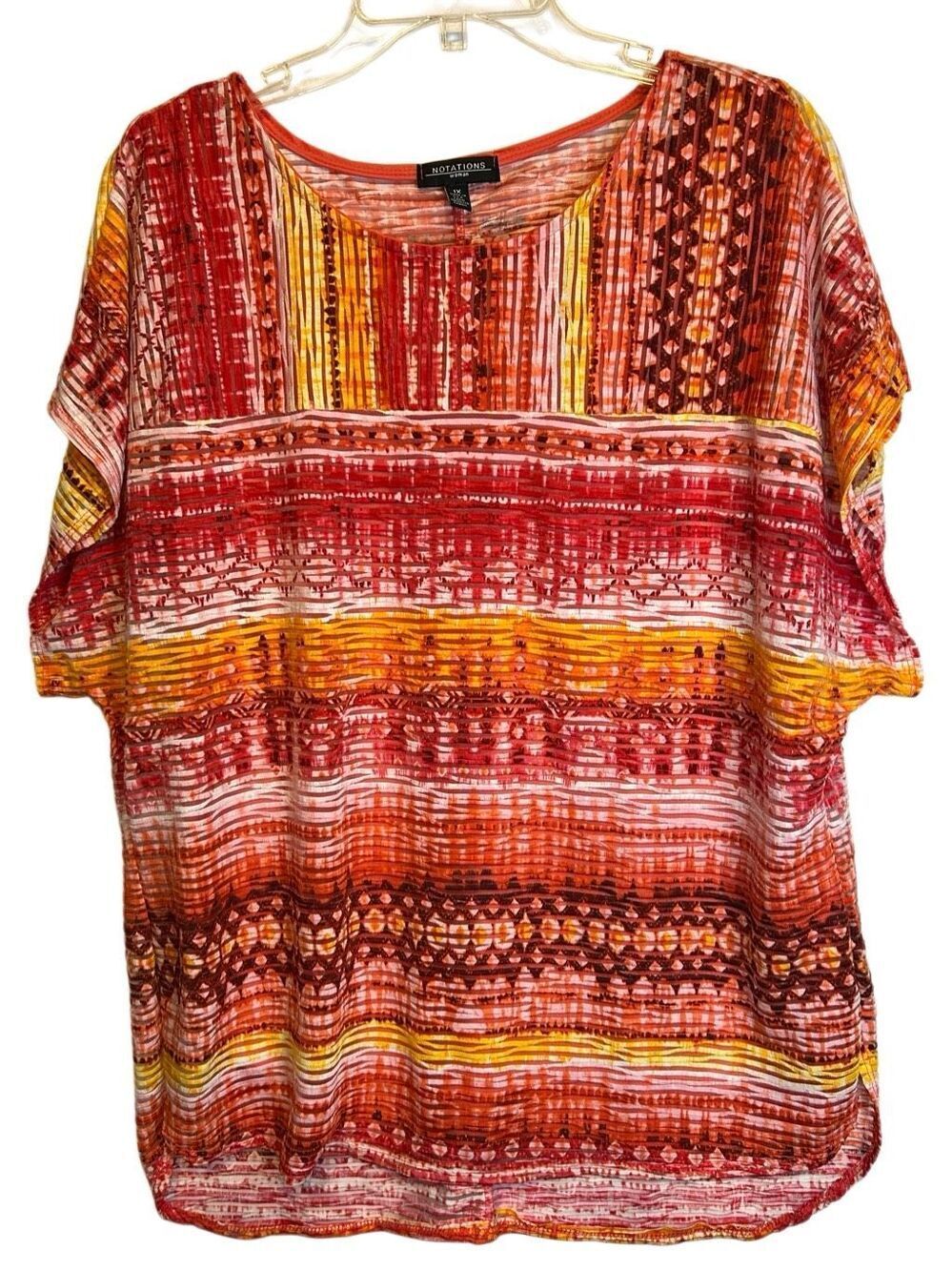 Notations Woman Size 1X Abstract Short Sleeve Top with Attached Orange Tank Line